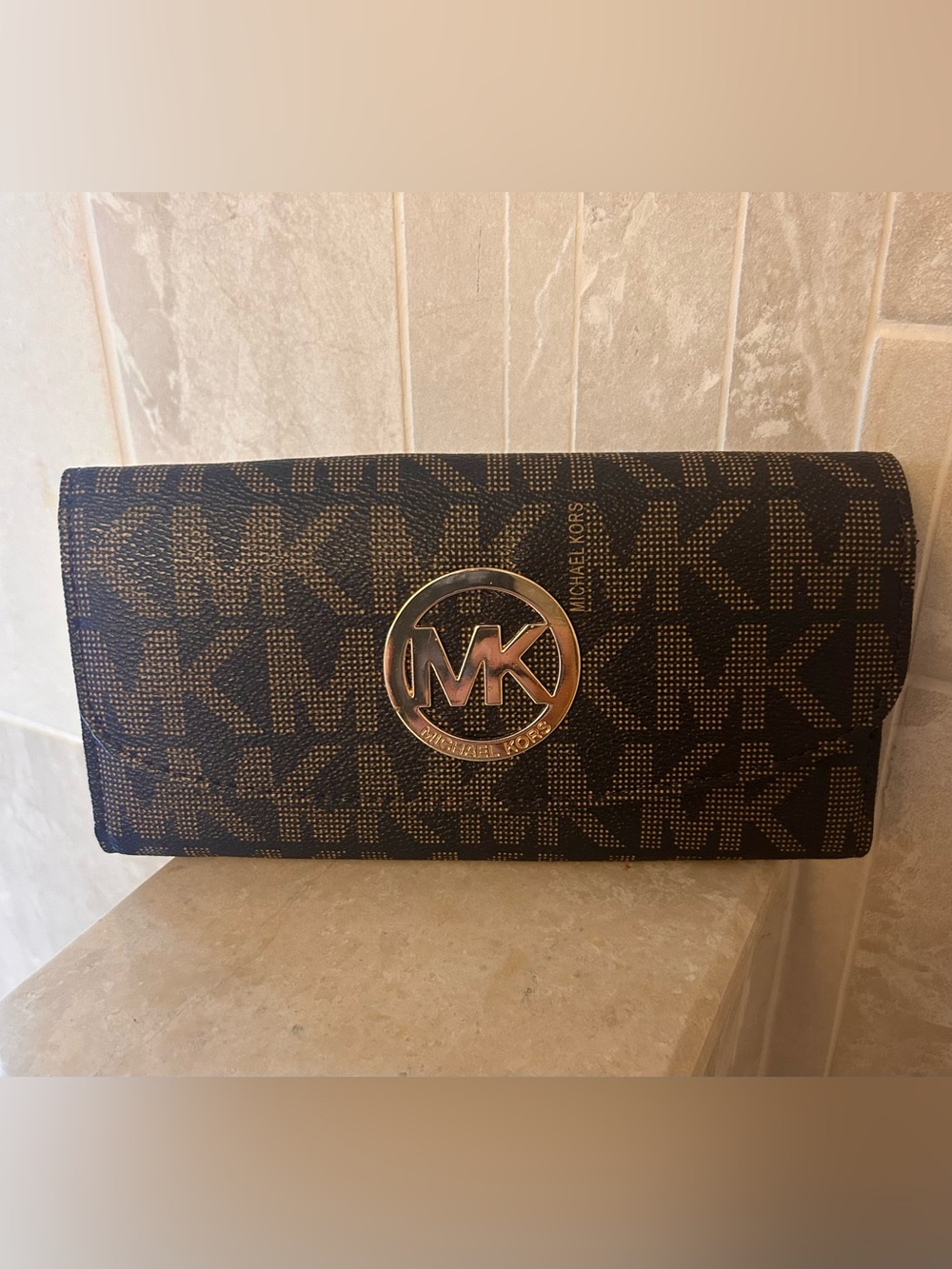 Michael Kors Dark Brown Signature Continental Wallet with Gold Logo